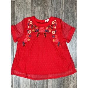 Umgee USA Red Floral Embroidered Swiss Dot‎ Sheer Short Sleeve Top Size L
